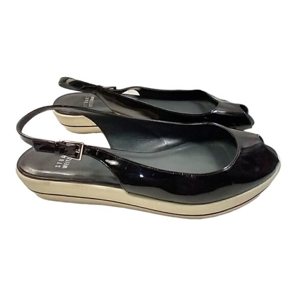 Stuart Weitzman | Black Colorblock Slingback Patent Wedge Peep Toe Pump | 8 - Picture 3 of 7